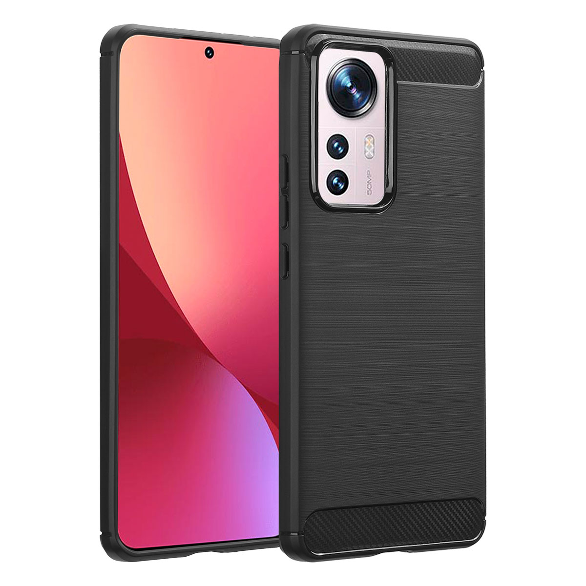 Téléphone noir avec une coque noire. Le téléphone est principalement noir avec une bosse de caméra et un écran rouge.