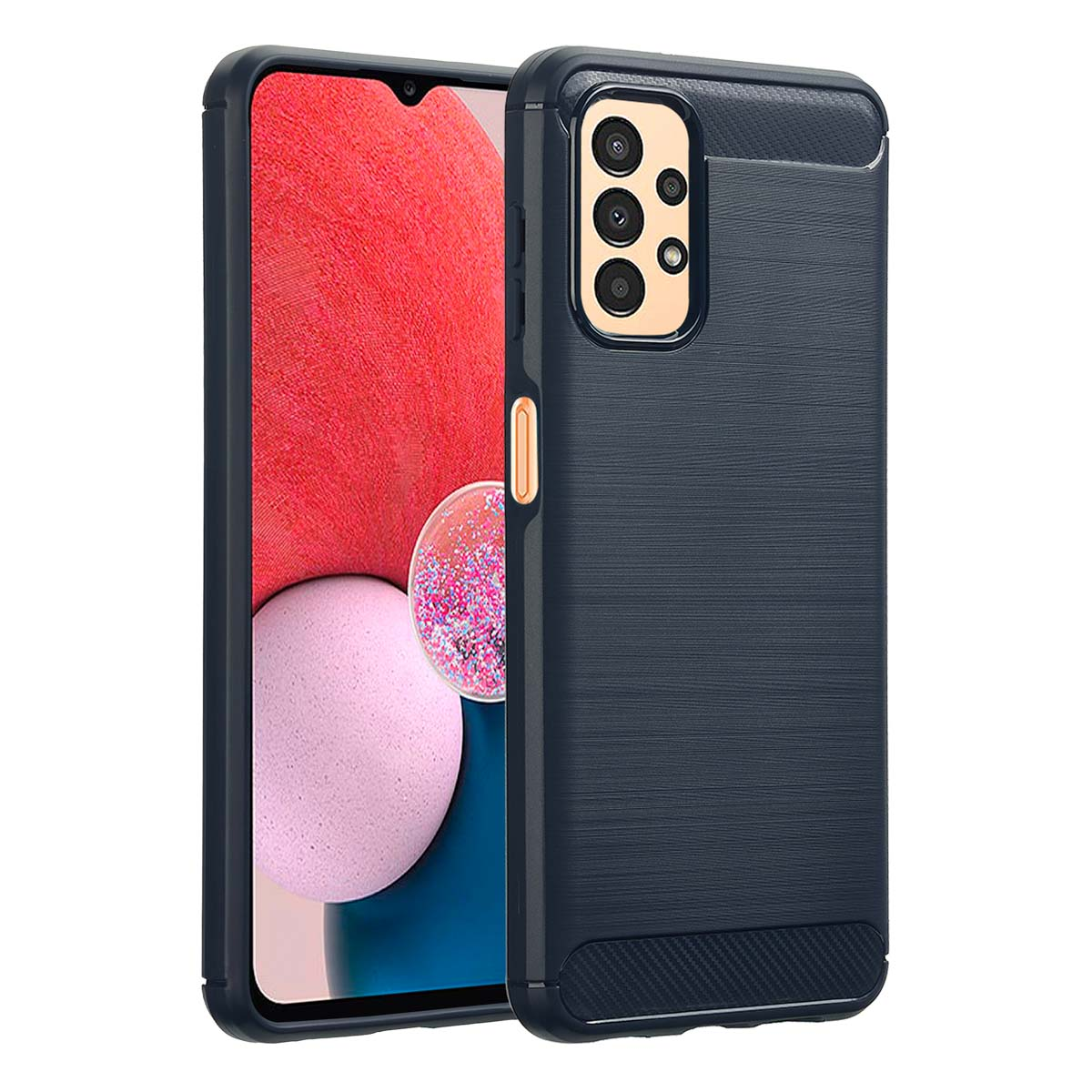Een marineblauwe telefoonhoes met camerabult, die een telefoon met een roze scherm beschermt.