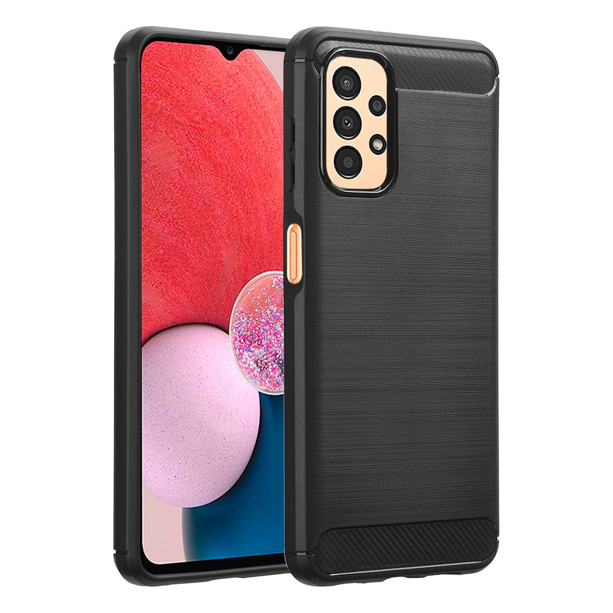 Zwarte telefoonhoes met een telefoon erin. De telefoon heeft een drievoudige camera-opstelling.
