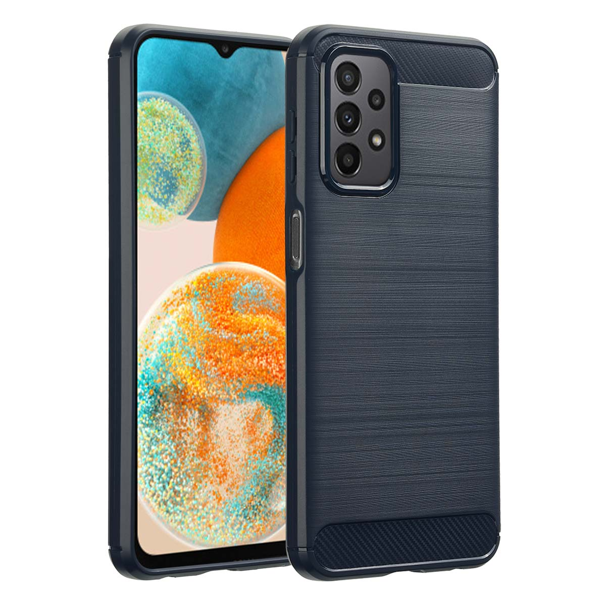 Een telefoon in een blauwe hoes met een donker gestructureerde achterkant.