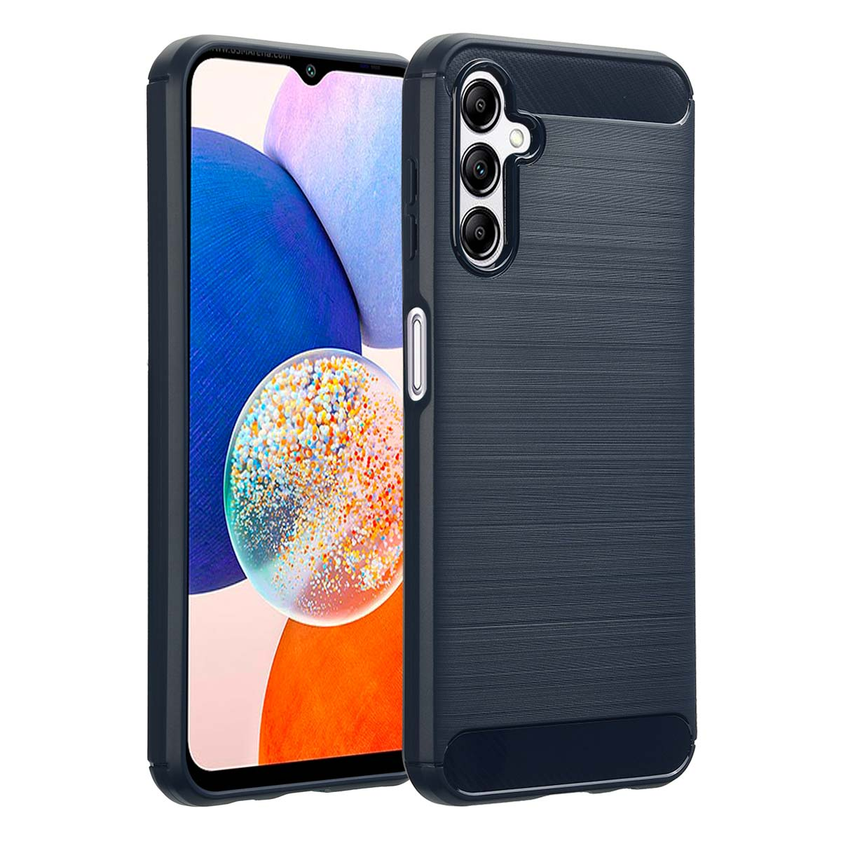 Coque de téléphone bleue avec des accents noirs, protégeant un téléphone avec grand écran et plusieurs caméras.