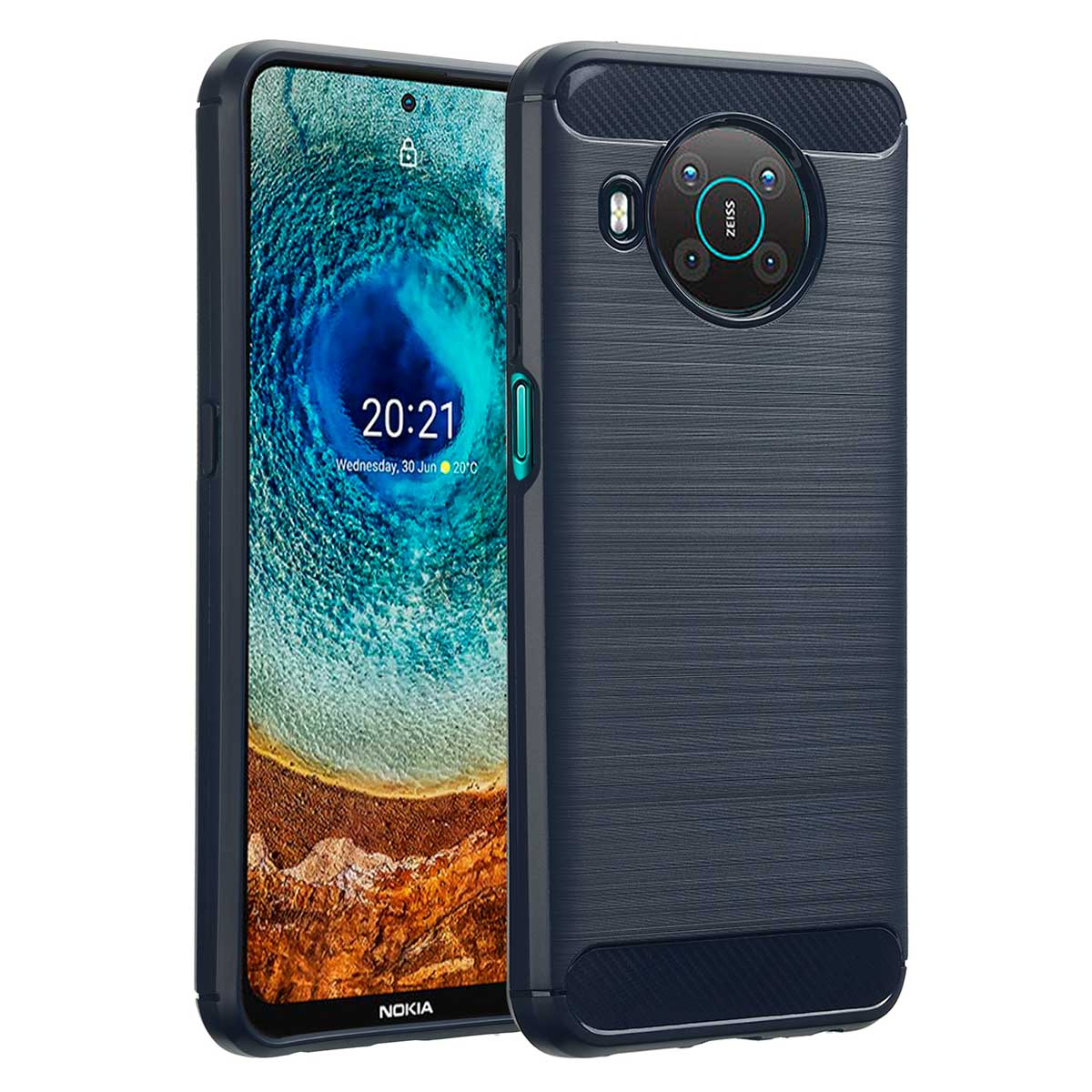 Ein dunkelblaues Telefon in einer Hülle. Das Telefon hat ein kreisförmiges Kameramodul und einen schwarzen Bildschirm.