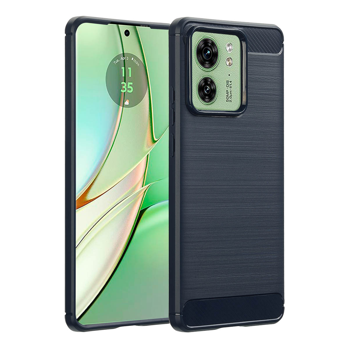 Telefoon met een donkerblauwe, getextureerde telefoonhoes. Witte achtergrond.