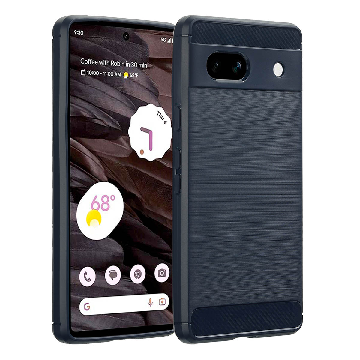 Telefono nero e blu con custodia. Lo schermo mostra un calendario e il meteo. Sfondo bianco.