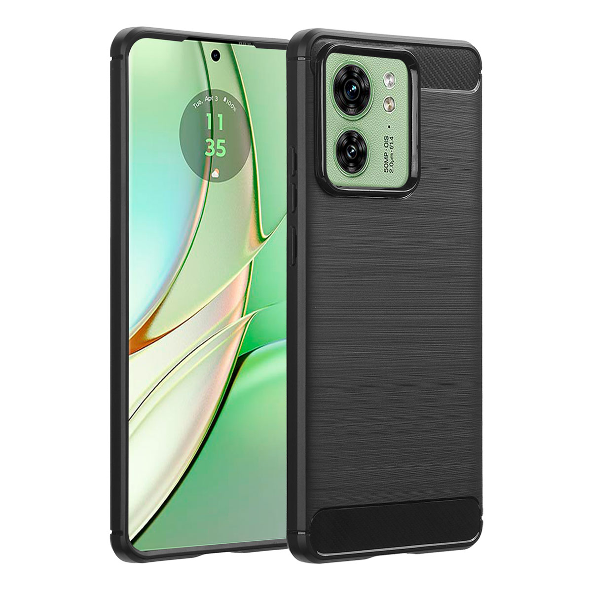 Zwarte telefoonhoes met een telefoon die een groen en wit ontwerp toont, met een dubbele camera-opstelling.