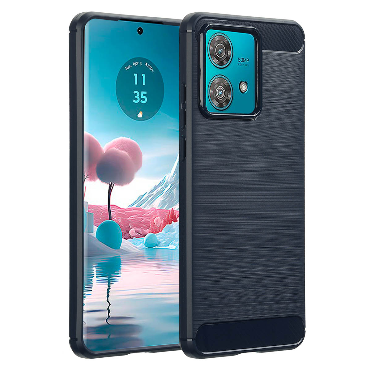 Zwarte telefoon met hoesje, scherm toont landschap, achterkant met camera.