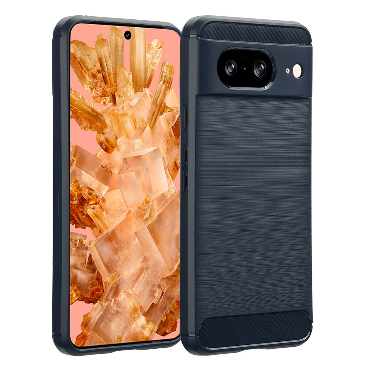 Custodia per telefono blu navy con ritagli per fotocamera, che protegge un telefono con immagine minerale arancione chiaro.
