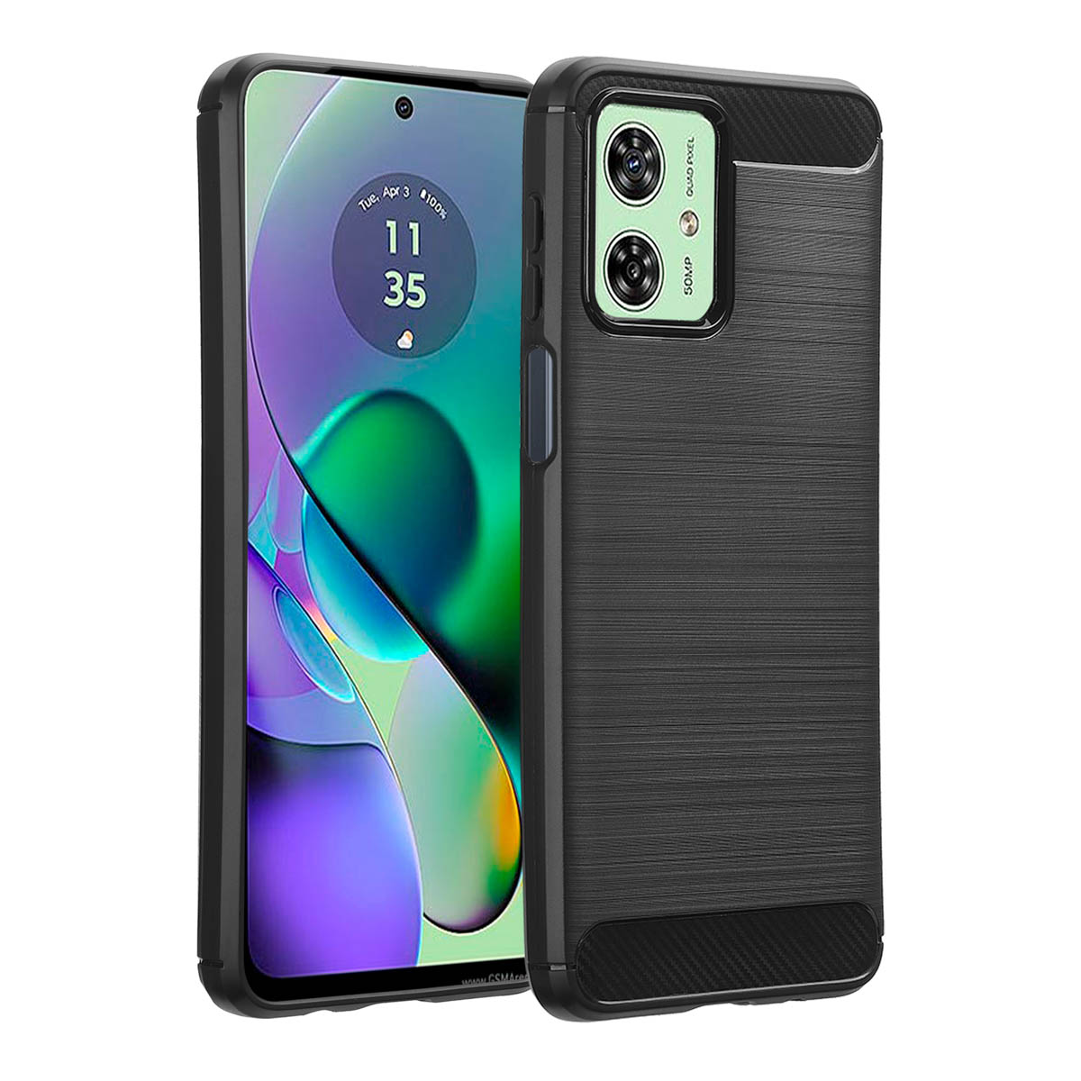 Zwarte telefoonhoes met een telefoon erin, op een witte achtergrond.