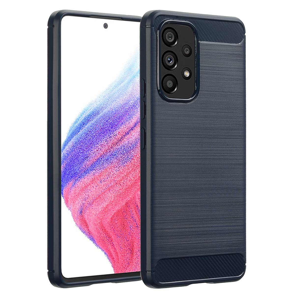 Coque de téléphone bleu foncé. L'étui a une découpe pour l'appareil photo et une surface texturée.