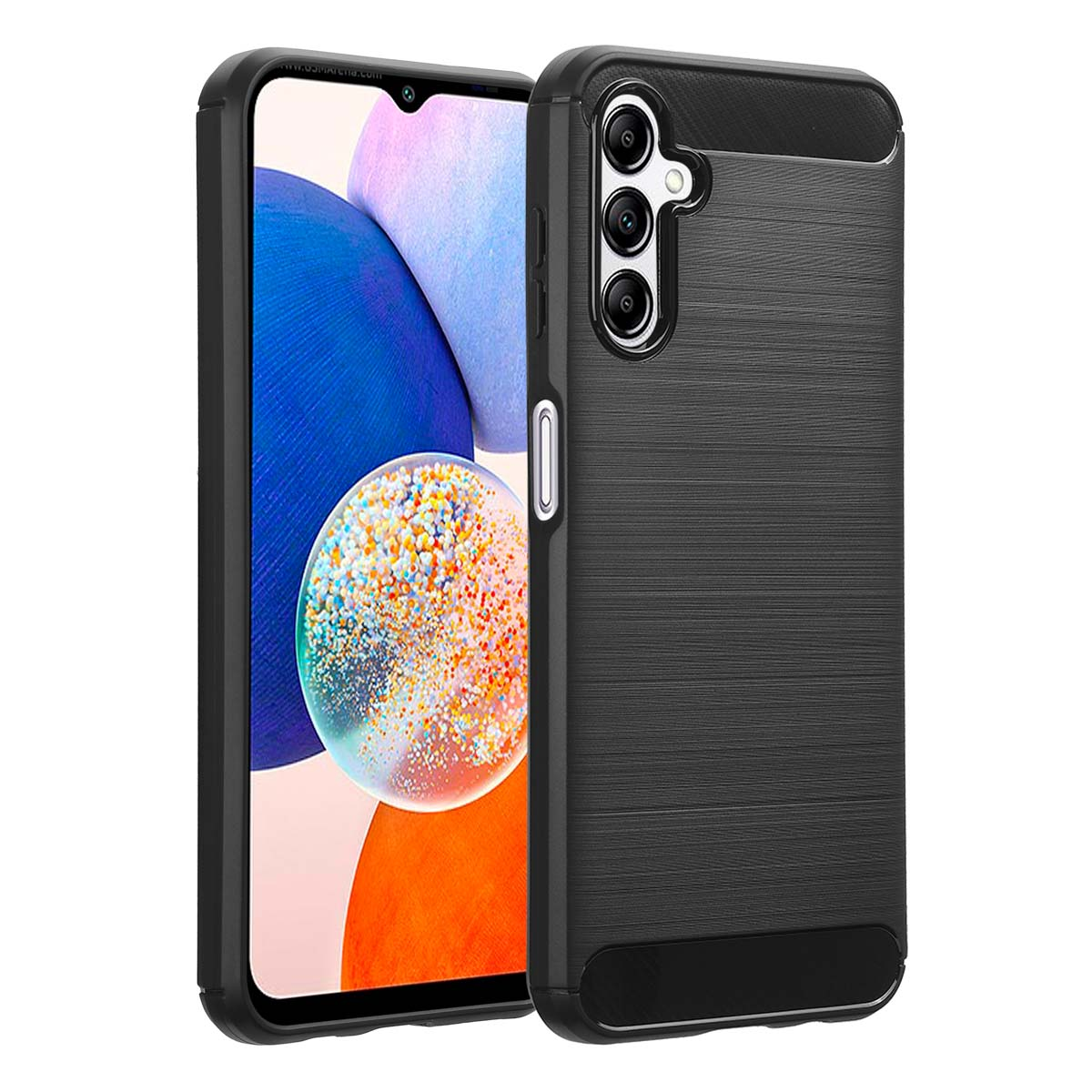 Coque de téléphone noire avec téléphone à l'intérieur. La coque a un design texturé.