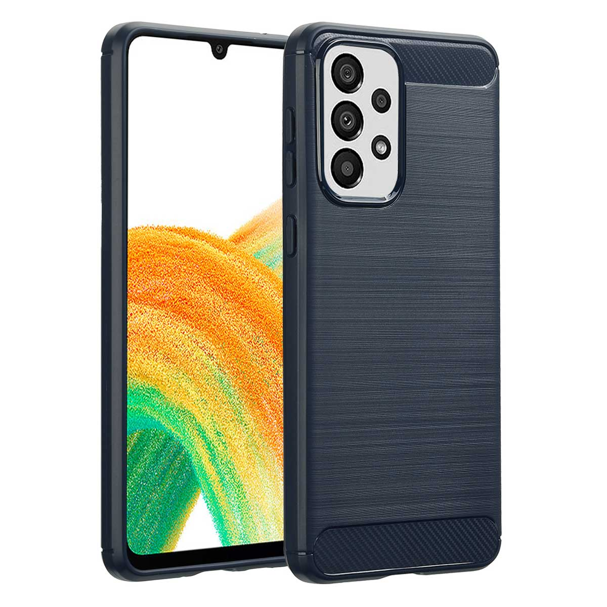 Donkerblauwe telefoonhoes met een getextureerde achterkant. Telefoon links, scherm zichtbaar.