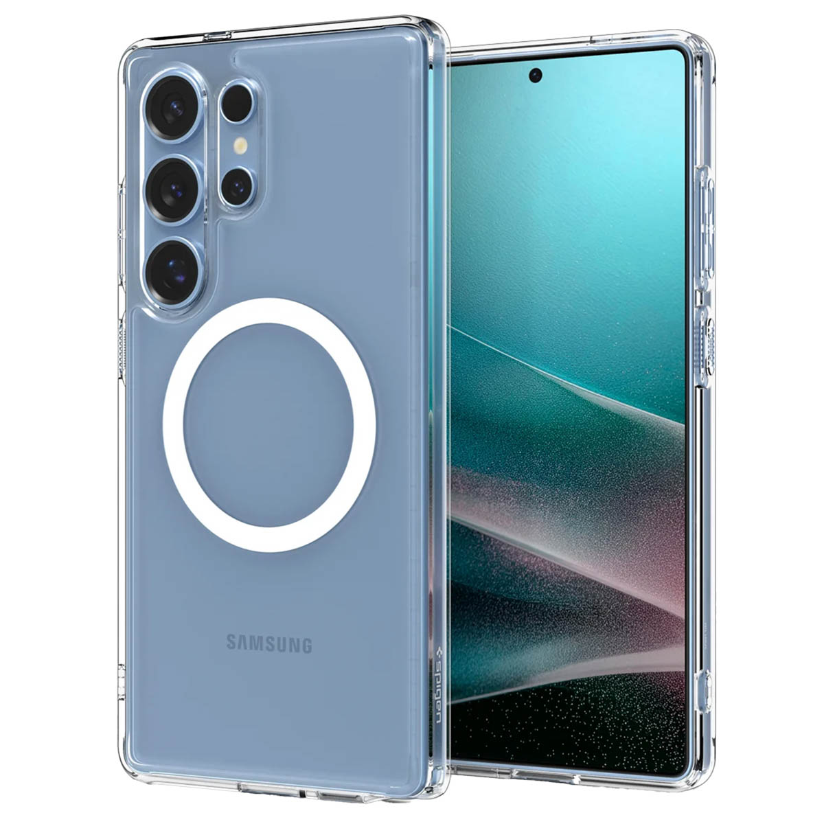 Transparant telefoonhoesje met een witte cirkel op een blauwe telefoon. Tekst: Samsung.