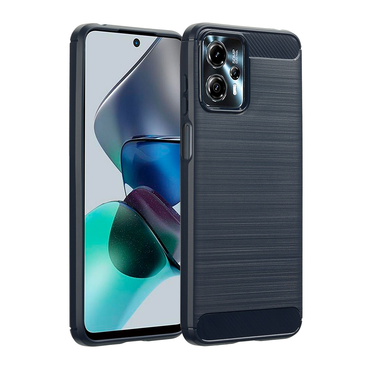 Un étui de téléphone bleu foncé avec un téléphone à l'intérieur. L'étui a un design texturé.