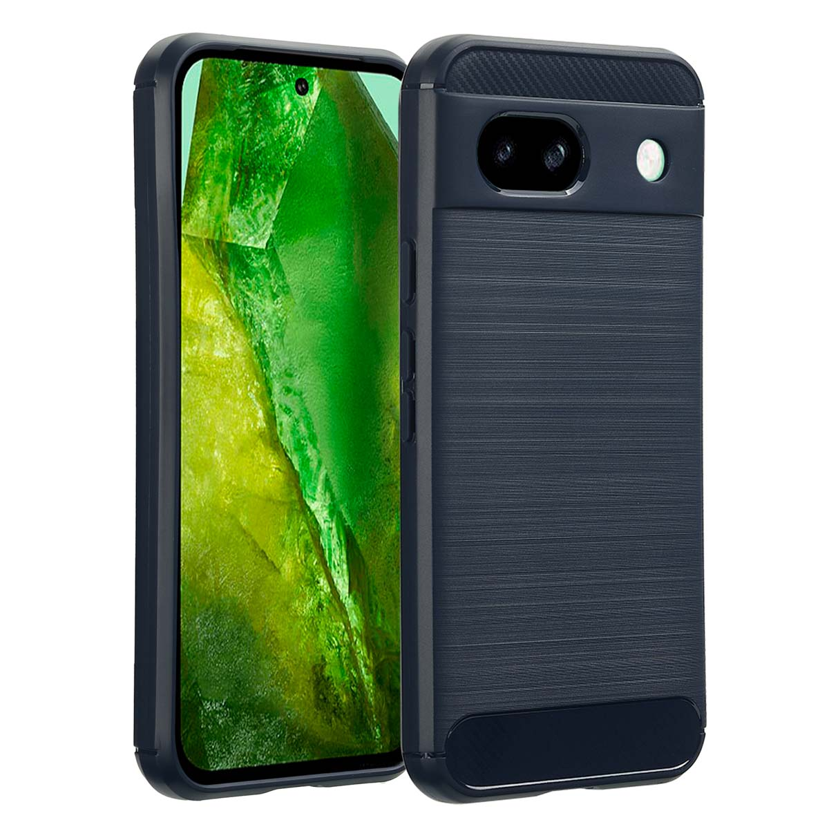 Zwarte smartphone in een donkerblauwe hoes. De hoes heeft een getextureerde achterkant en een camerabult. Witte achtergrond.