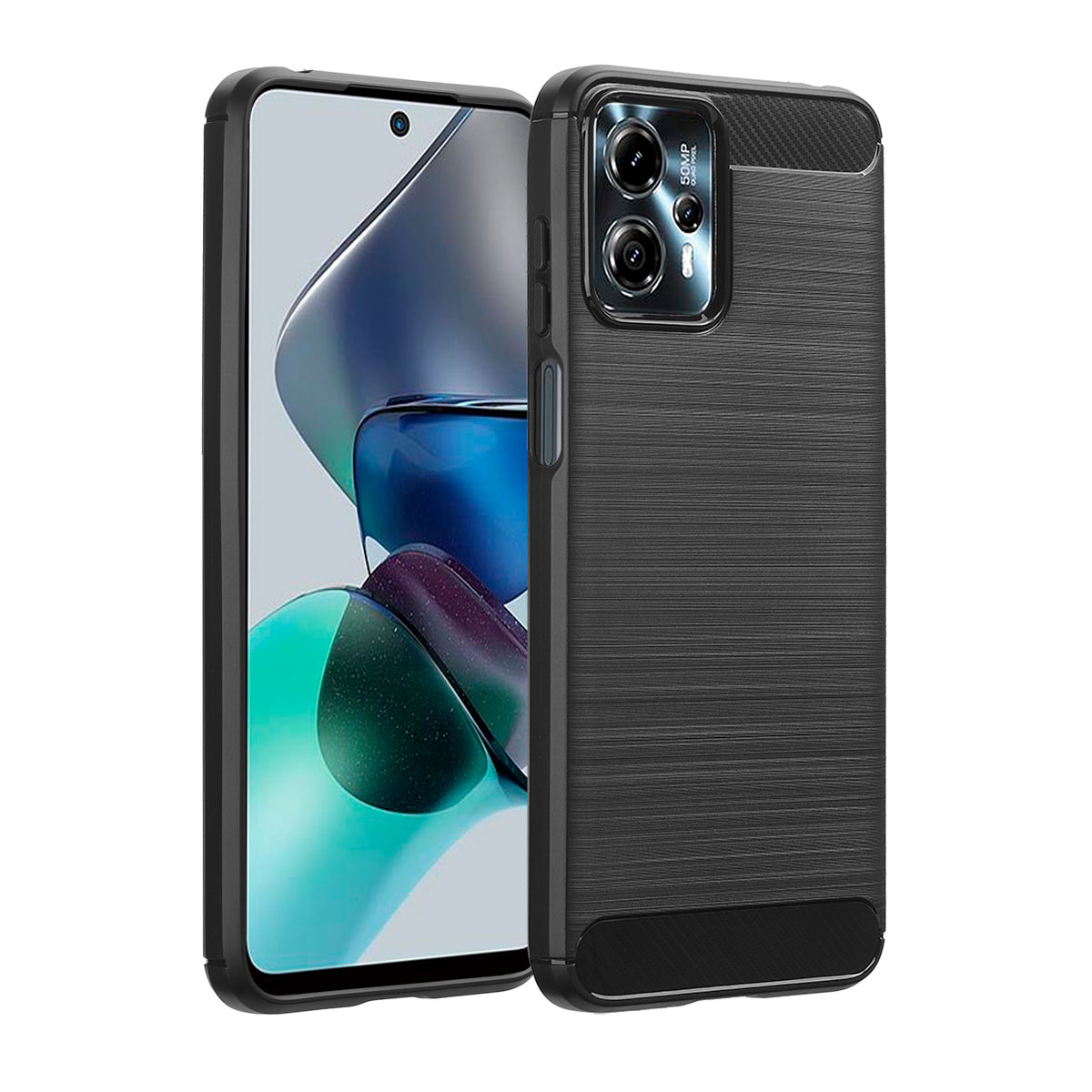 Un smartphone noir dans un étui noir. Le téléphone a deux caméras à l'arrière.