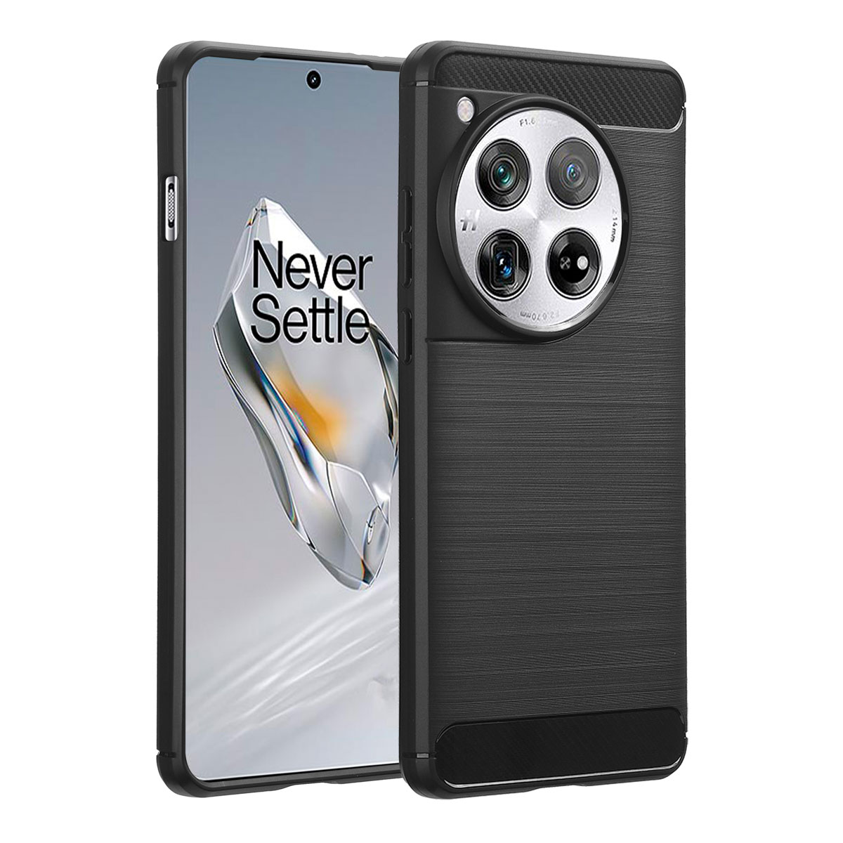Custodia per telefono nera con telefono nero e rialzo della fotocamera. Il telefono dice 'Never Settle'.