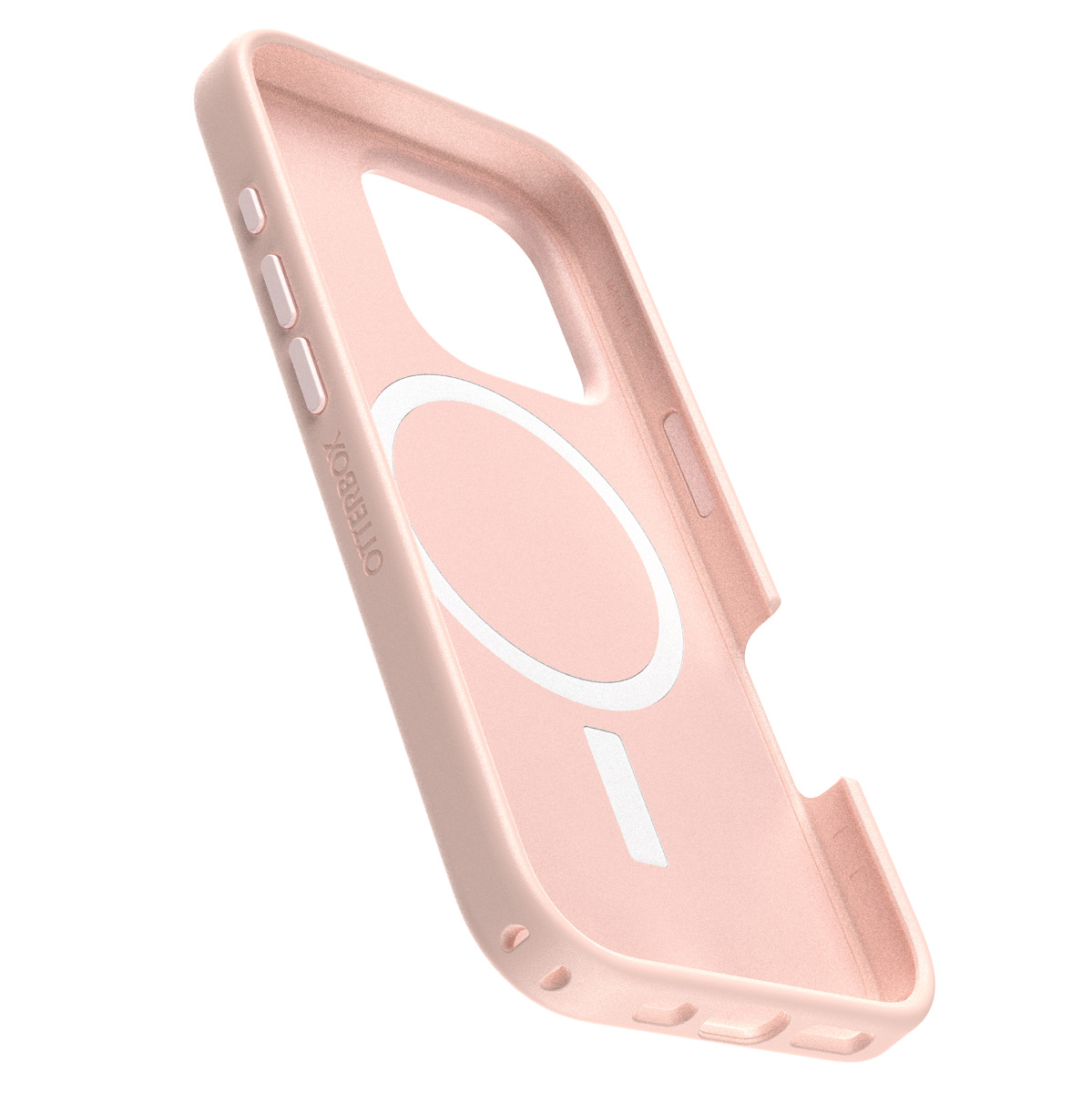 Roze telefoonhoes binnenkant, met een witte ring en Otterbox logo.