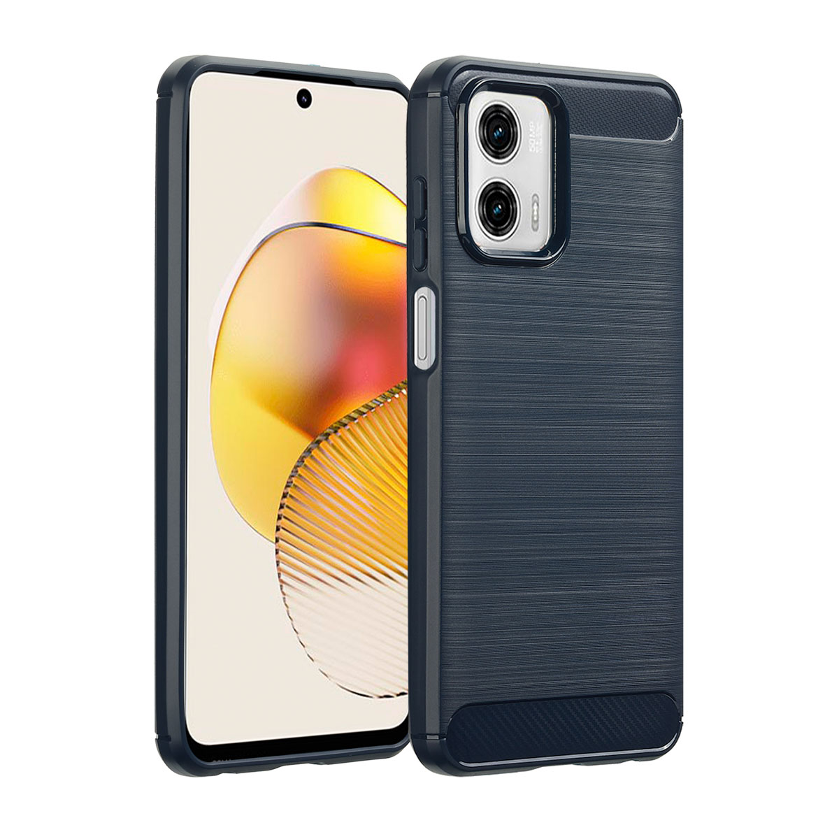 Een telefoon in een hoesje. De telefoon is donkerblauw en heeft een gestructureerde achterkant. De hoes is ook donkerblauw.