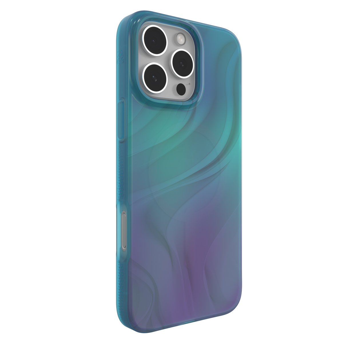 Een telefoon in een blauwe en blauwgroene hoes. De hoes heeft een golvend ontwerp. De camera van de telefoon is zichtbaar.