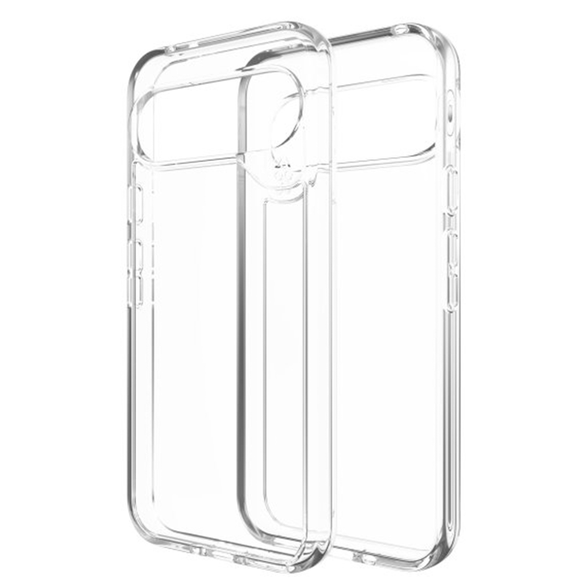 Deux coques de téléphone transparentes empilées l'une sur l'autre, transparentes et montrant la forme du téléphone.