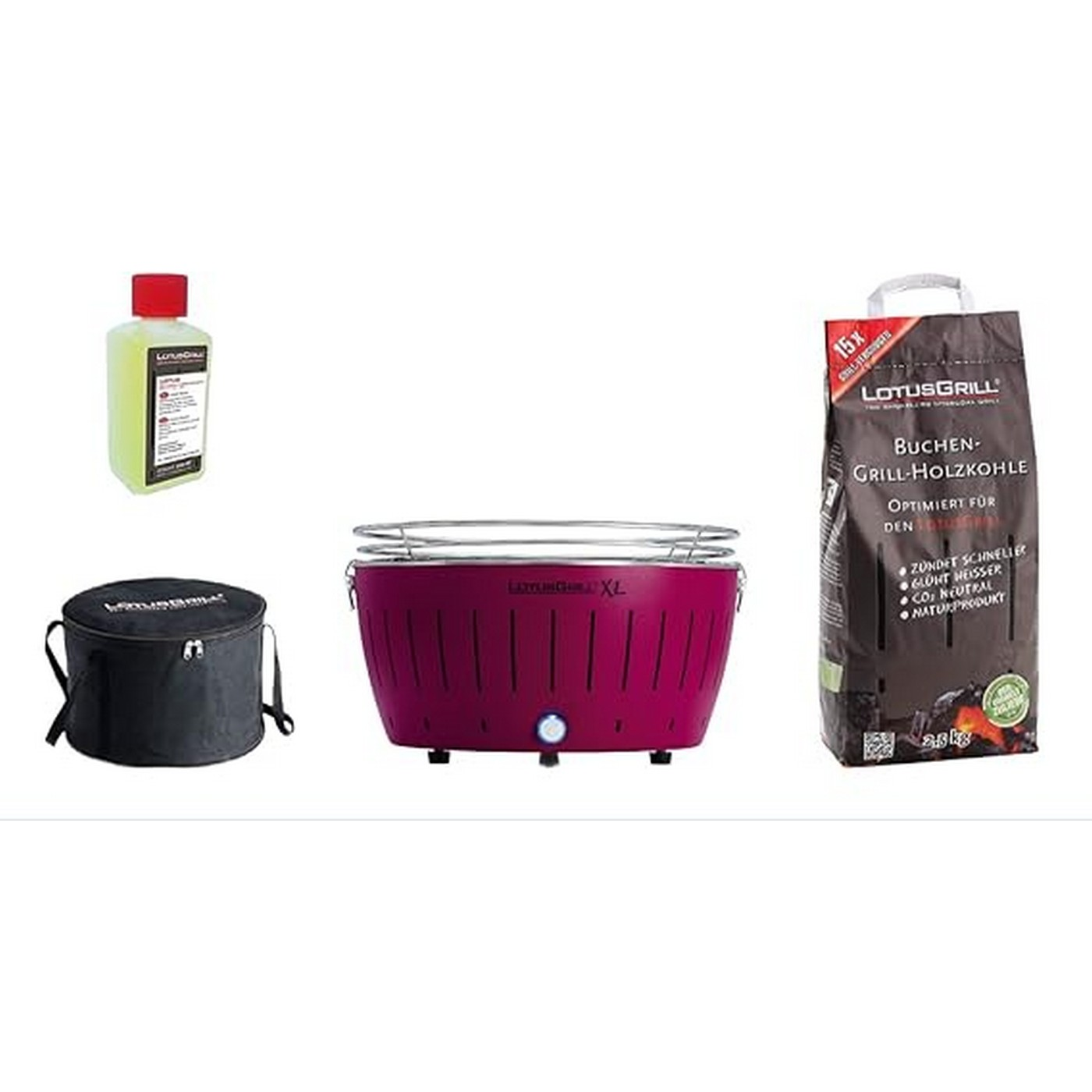 Set barbecue: grill, combustibile, liquido per accendini e borsa. Sfondo bianco.