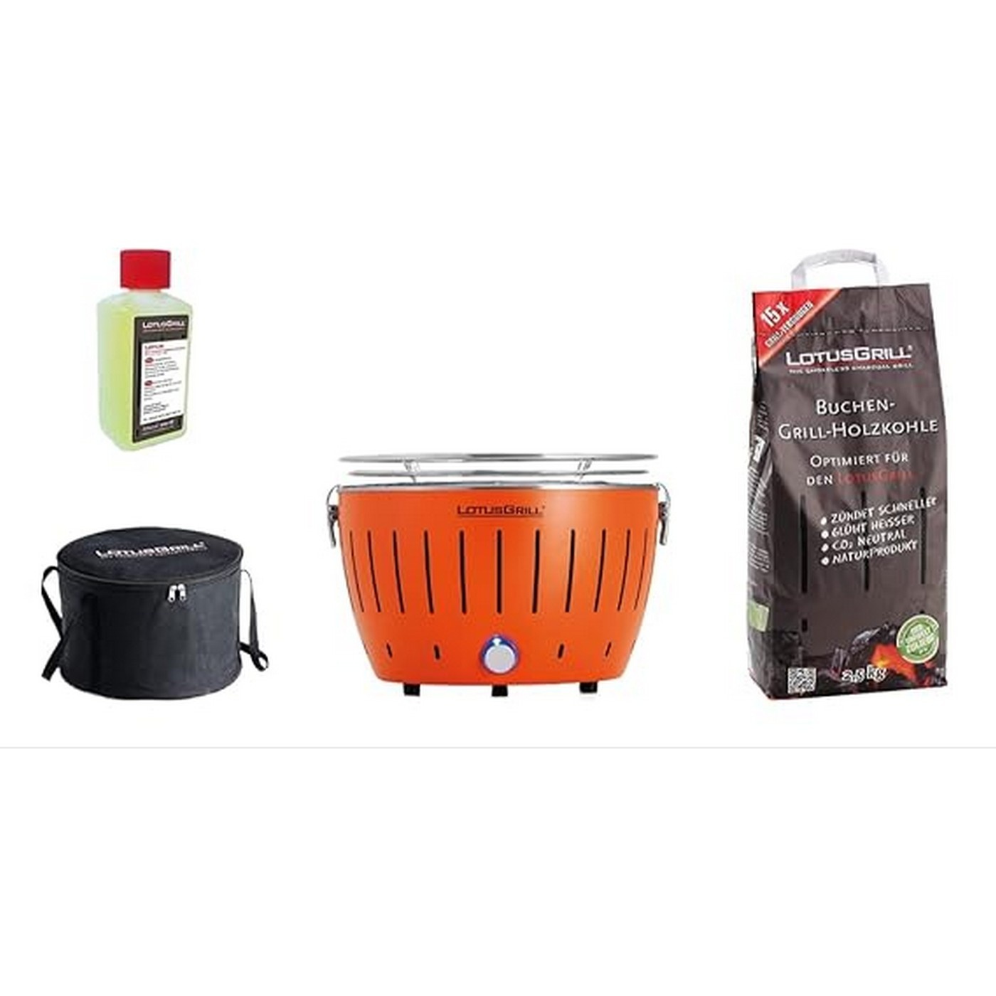 Un set Lotus Grill con combustibile, una borsa e una griglia arancione. Su sfondo bianco.