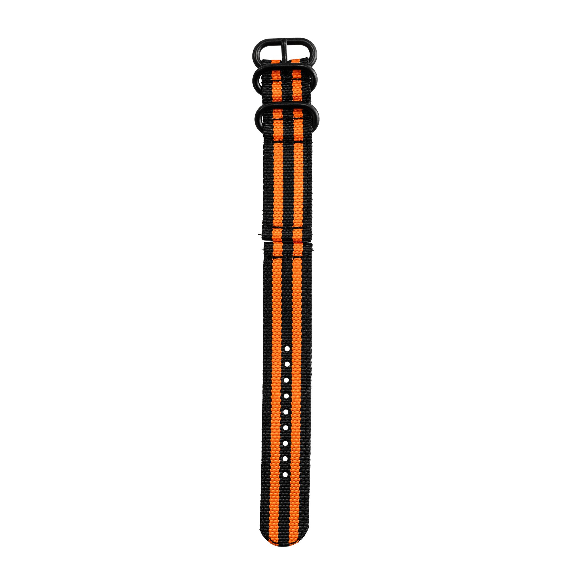 Uhrenarmband mit schwarz-orangen Streifen und schwarzen Verschlüssen. Das Armband liegt flach.