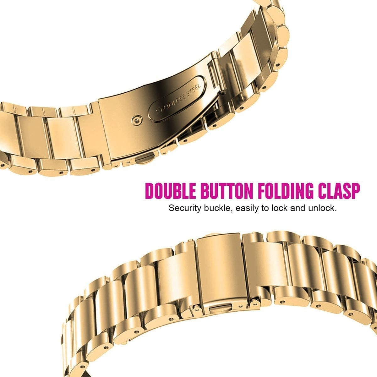 Goldenes Uhrenarmband mit Doppel-Knopf-Faltschließe, Detailaufnahme.