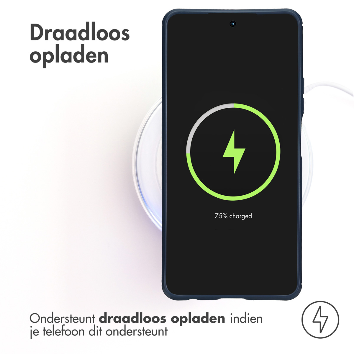 Een telefoon draadloos opladen op een pad. Tekst '75% opgeladen' is zichtbaar. De telefoon is blauw.