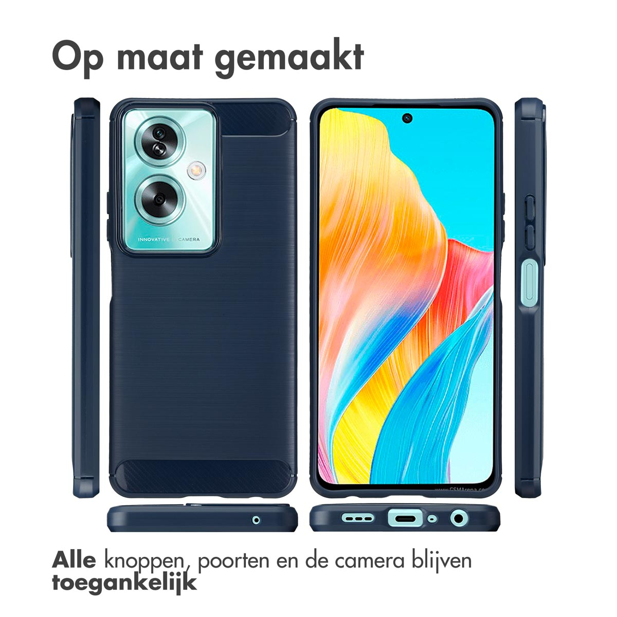 Telefoonhoesje met verschillende weergaven. Donkerblauw met een getextureerde achterkant. Tekst: 'Op maat gemaakt'.