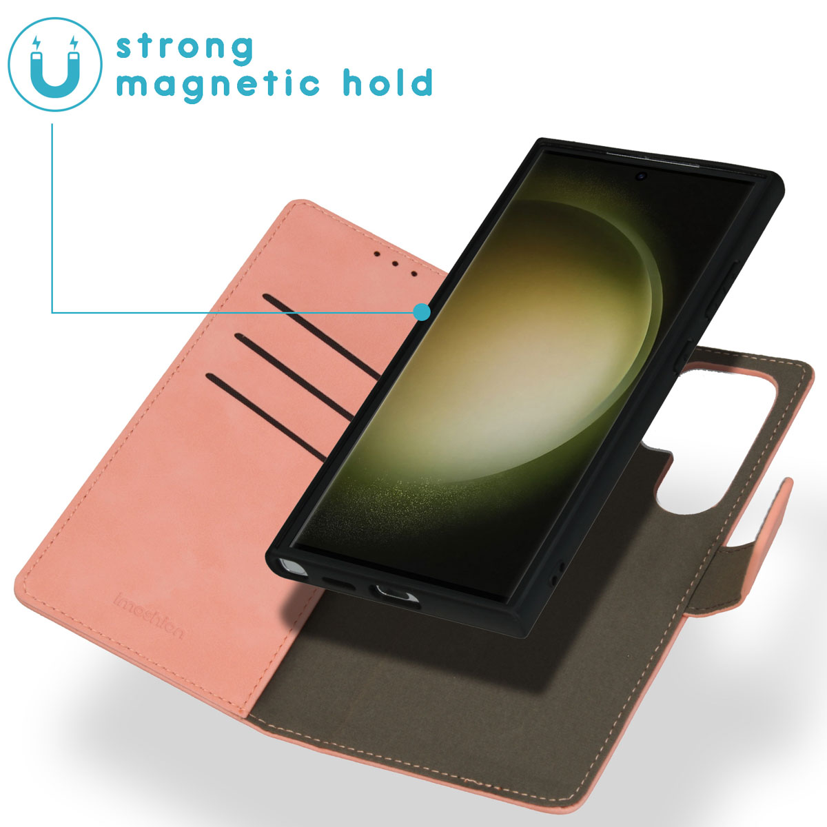 Roze telefoonhoes met telefoon erin. De hoes is open en bruin vanbinnen.