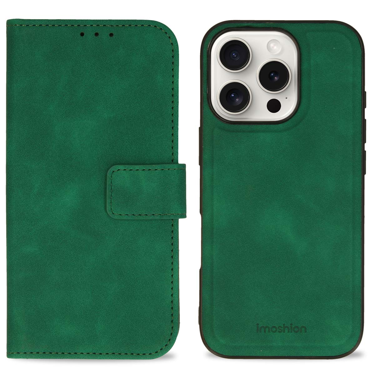 Étui de téléphone en cuir vert ouvert. Le téléphone est à droite.