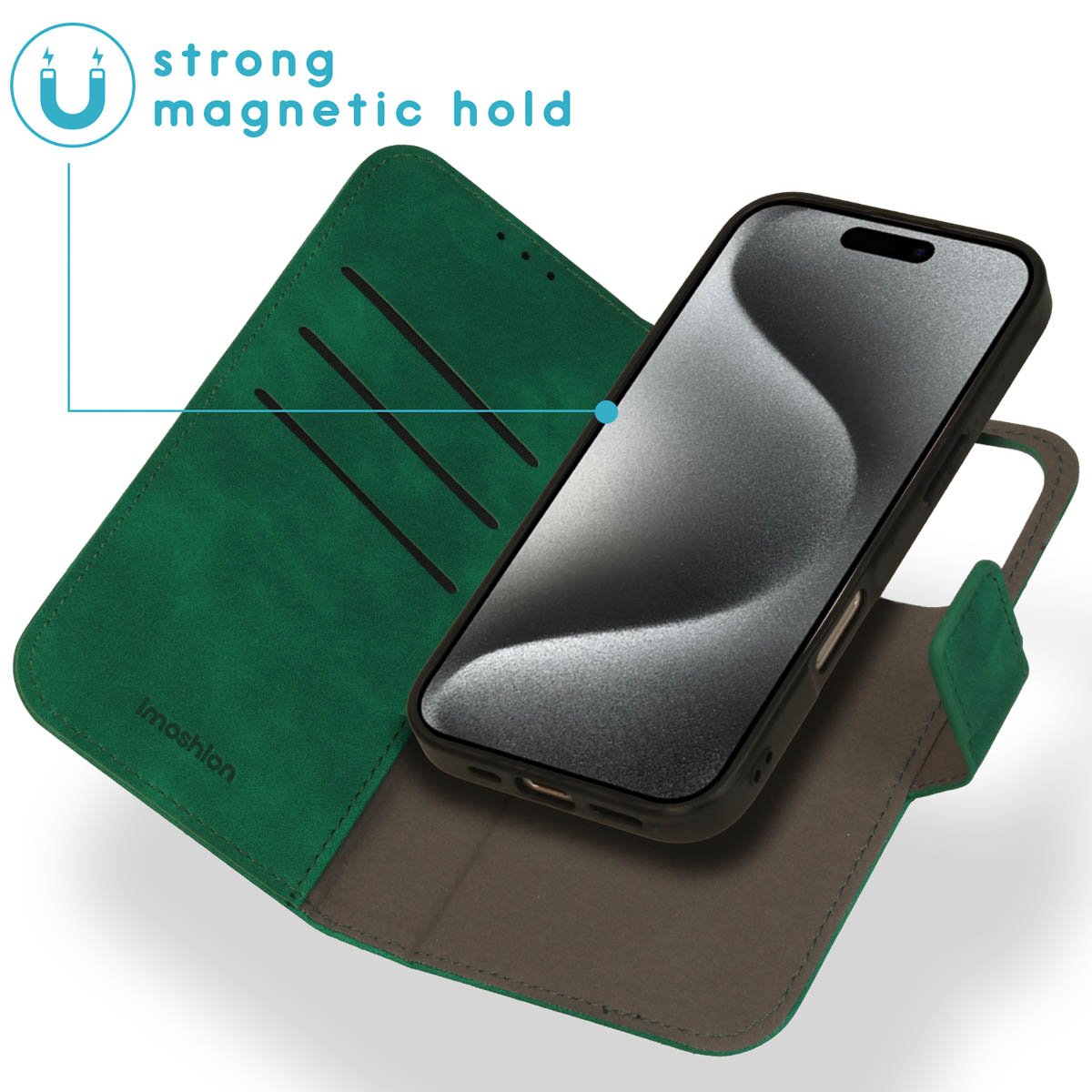 Coque de téléphone verte. Téléphone dans un étui portefeuille. Texte: Forte fixation magnétique. Écran visible.