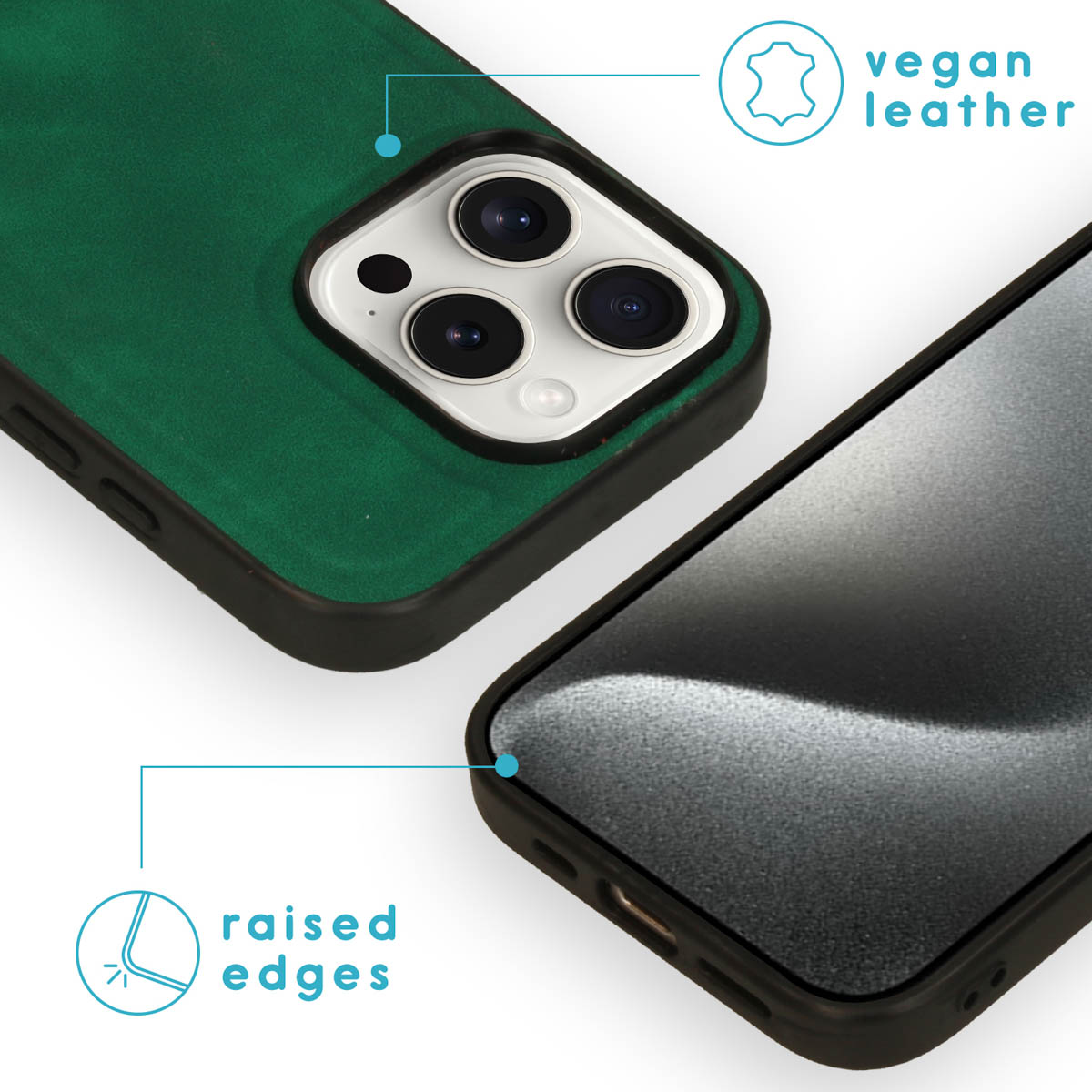 Coque de téléphone verte avec un téléphone. La coque a une texture en cuir végétal. Les bords sont surélevés.