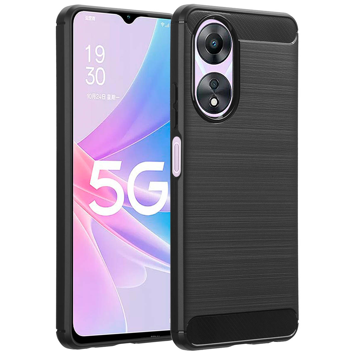 Un smartphone noir avec un étui noir. L'écran affiche un logo 5G et l'heure.