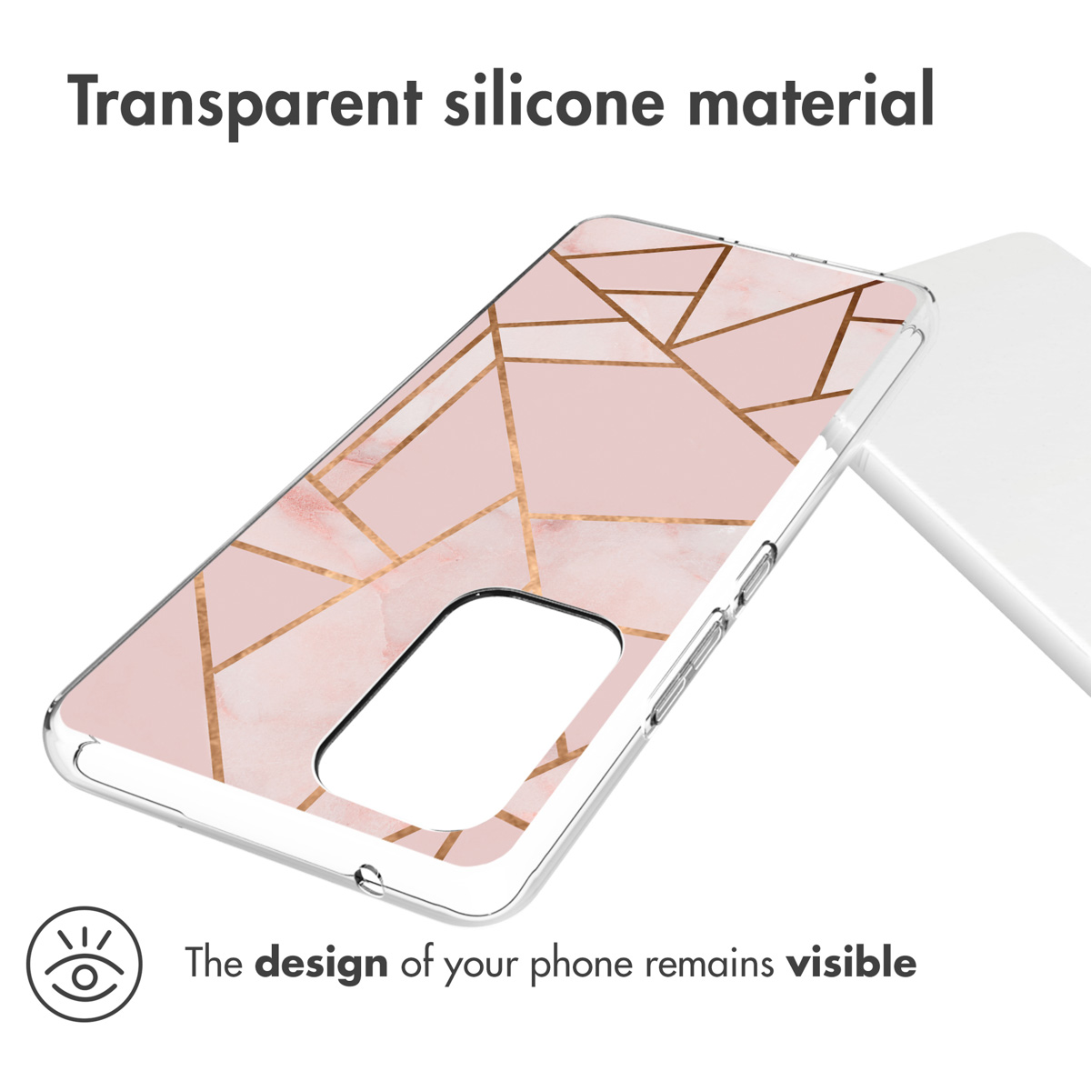 Una custodia trasparente per telefono con un design geometrico in oro e rosa. Testo: Materiale siliconico trasparente e Il design del tuo telefono rimane visibile.