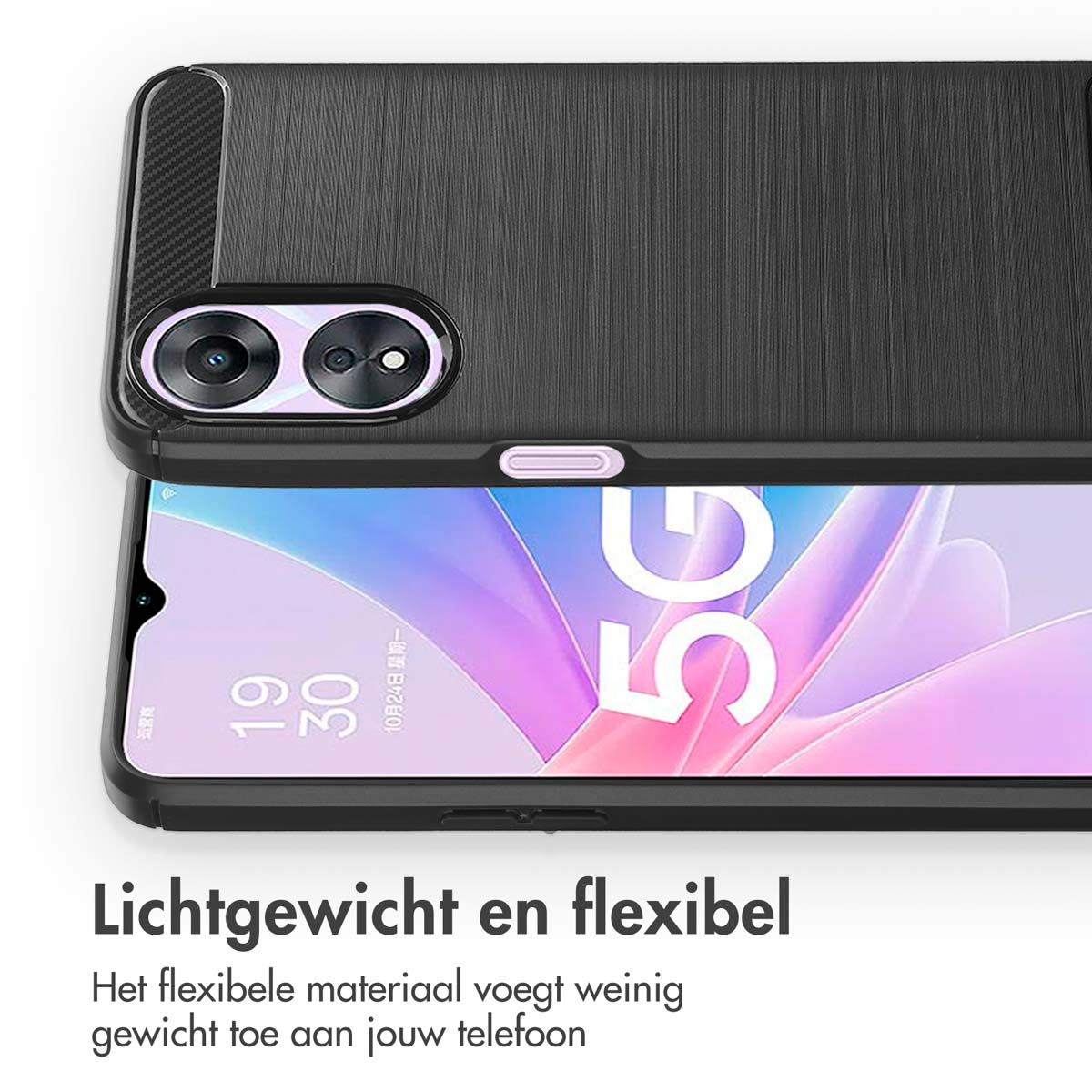 Eine schwarze Handyhülle. Text sagt 'Lichtgewicht en flexibel'. Telefon mit 5G-Anzeige.