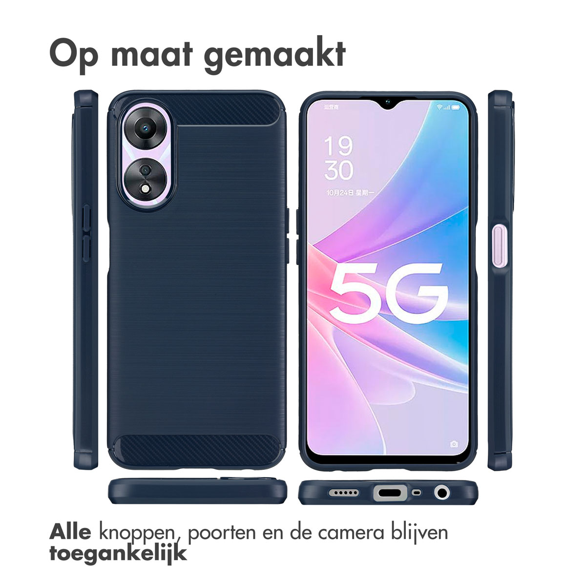 Handyhülle mit Telefon, Tasten und Kamera zugänglich. Dunkelblaue Hülle mit schwarzer Textur.