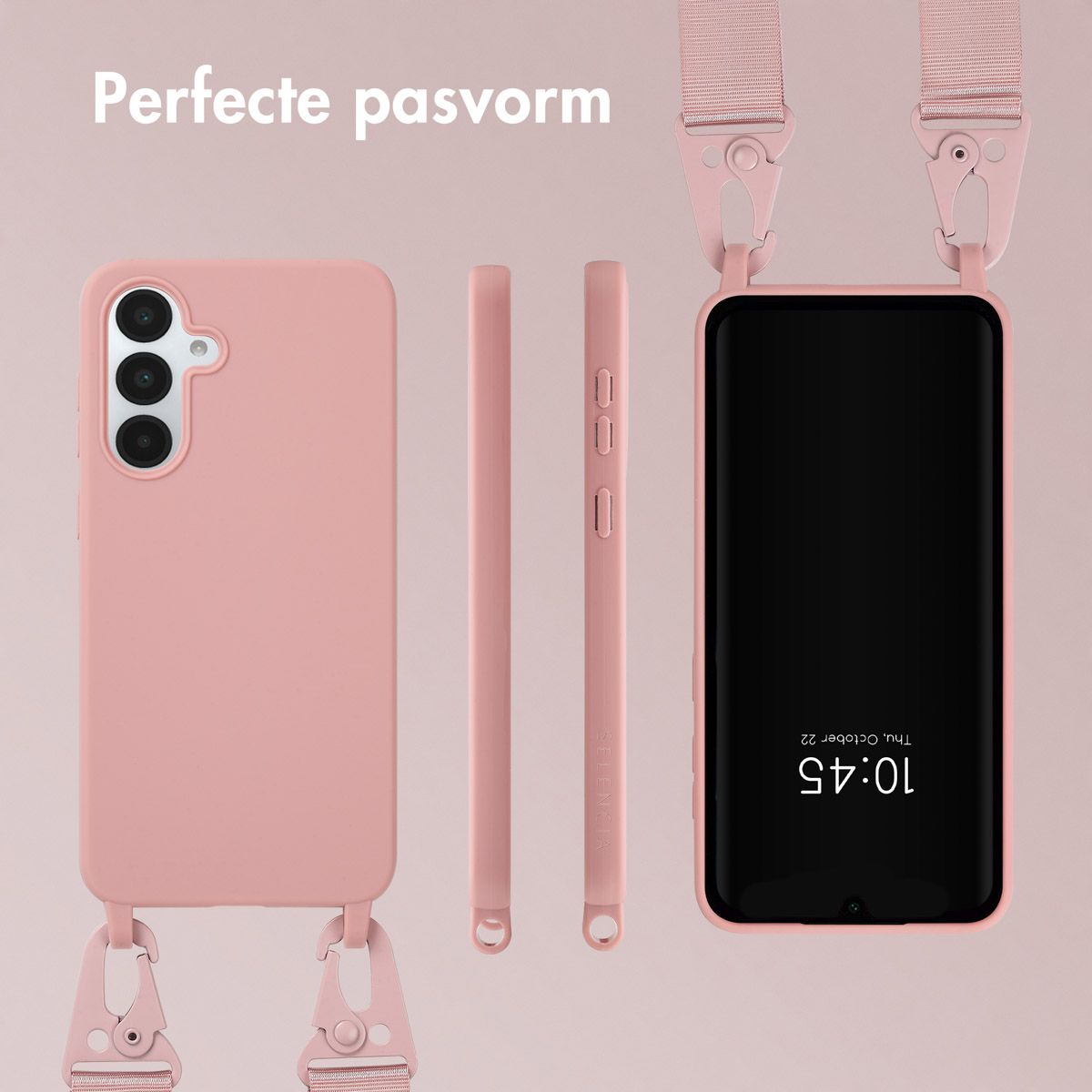 Custodia per telefono rosa con cinturino. Il telefono mostra l'ora 10:45. La custodia ha una vestibilità perfetta.