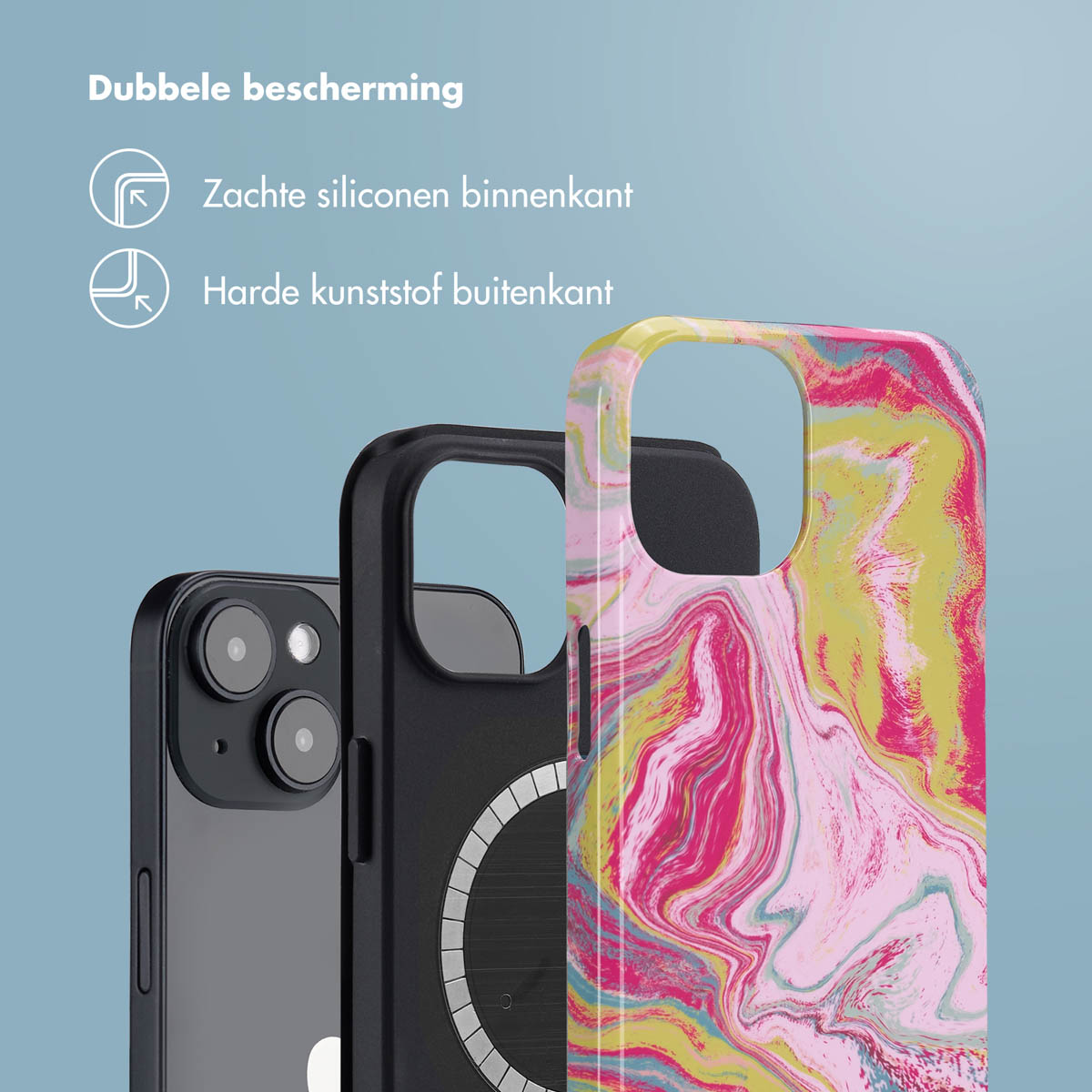 Drie telefoonhoesjes worden weergegeven. Eén zwart, één transparant en de laatste met een kleurrijk ontwerp.