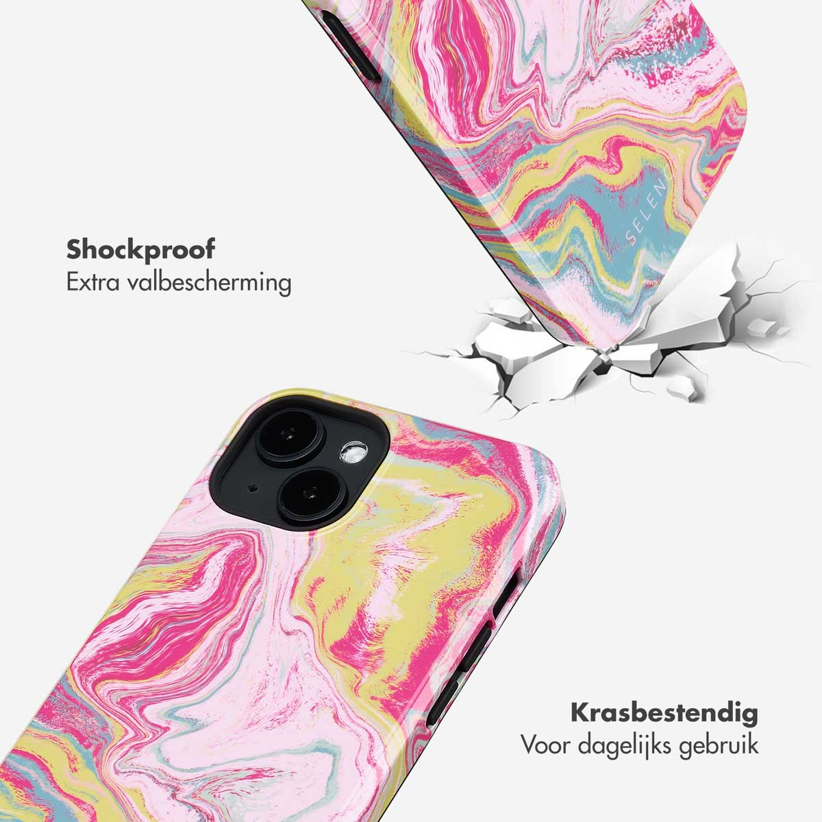 Twee telefoonhoesjes, één gemarmerd, de andere gebarsten. Tekst geeft aan schokbestendig en krasbestendig.