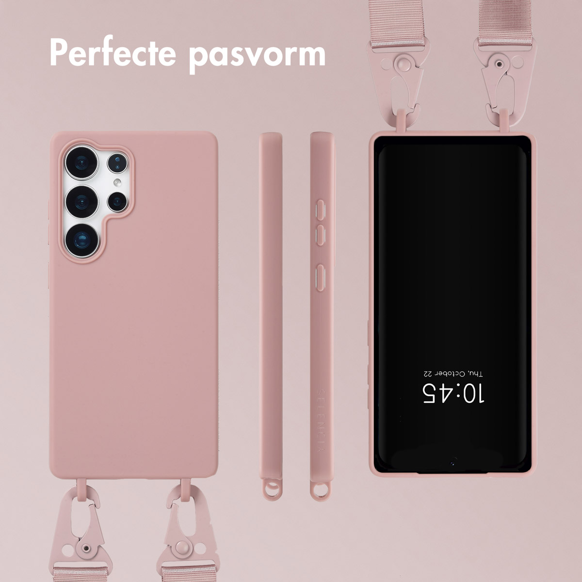 Roze telefoonhoesje met een riem en andere hoesjes. Het telefoonscherm toont de tijd.