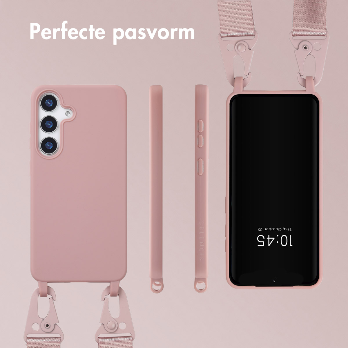 Roze telefoonhoesje met riem en telefoon die de tijd weergeeft. Zijaanzichten van de case worden getoond.