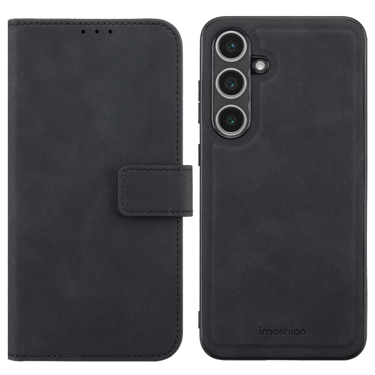 Étui de téléphone en cuir noir, ouvert. Montre le téléphone avec l'appareil photo et le logo Imoshion.