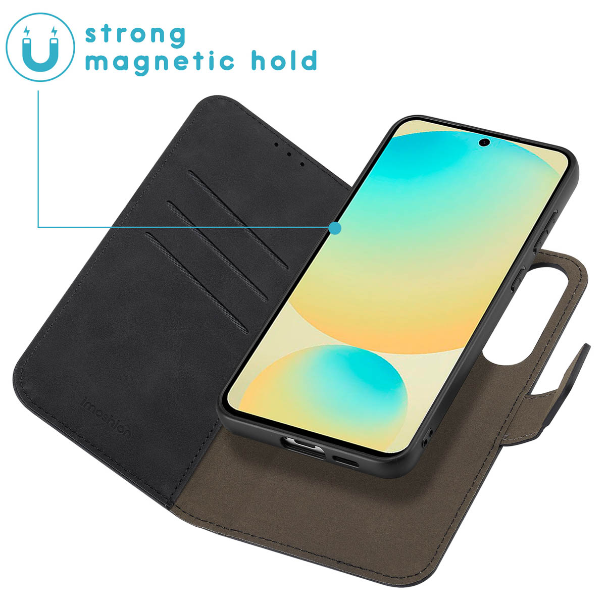Étui de téléphone noir avec rabat ouvert, tenant un téléphone. Une icône magnétique bleue est en haut à gauche.