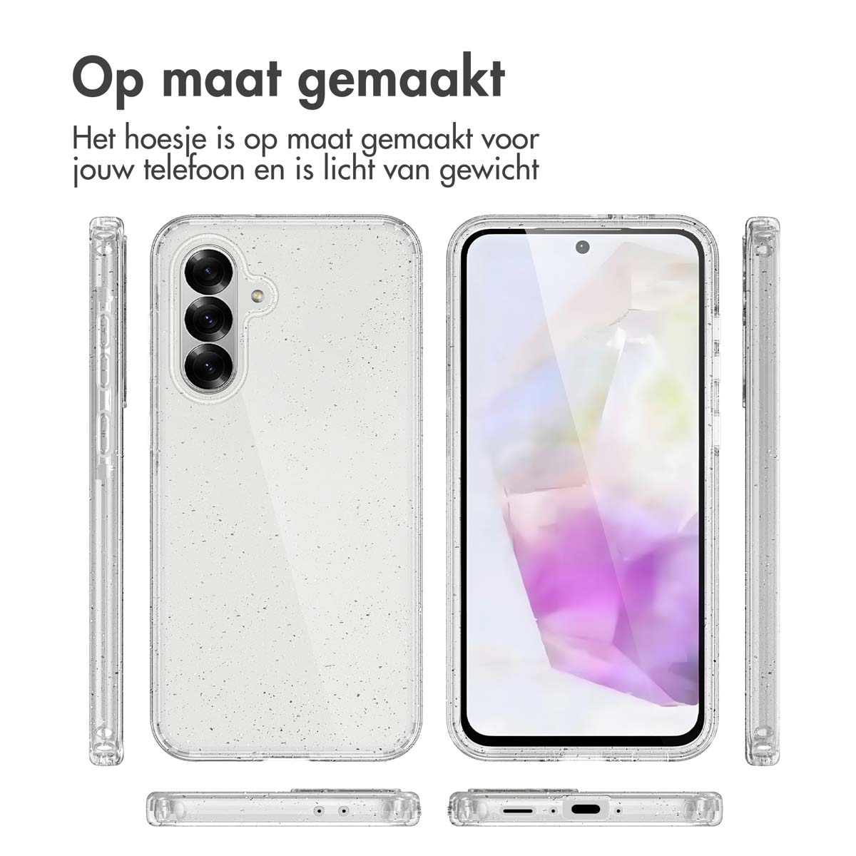 Transparante telefoonhoes met glitter. Telefoon wordt vanuit meerdere hoeken getoond. Tekst: Op maat gemaakt. Lichtgewicht.
