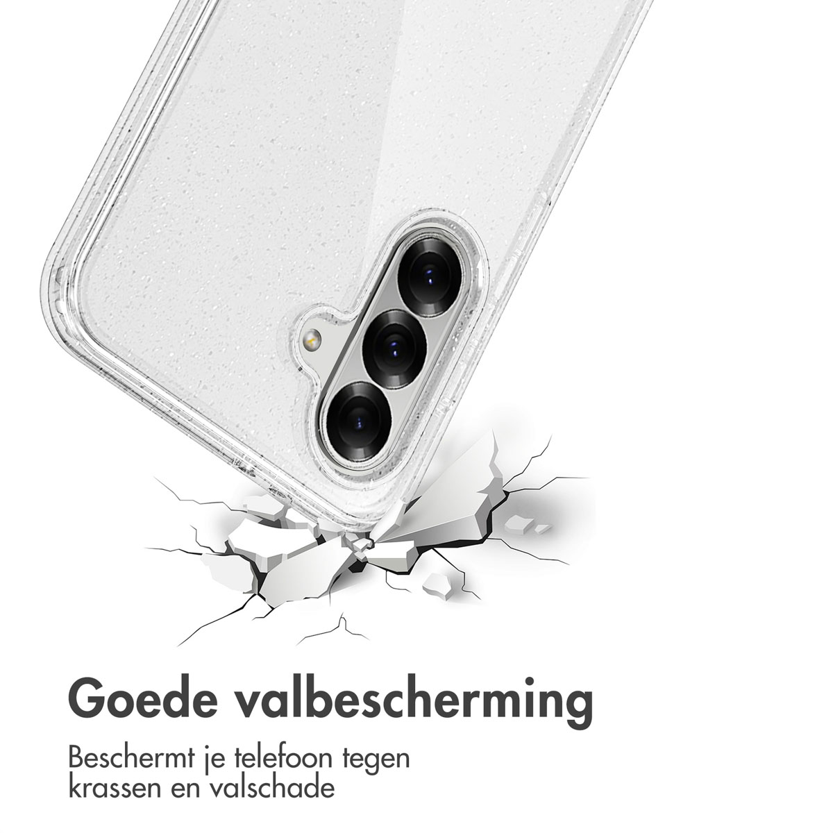 Een telefoonhoesje dat valt, waardoor de grond barst. Tekst in het Nederlands: 'Goede valbescherming'.