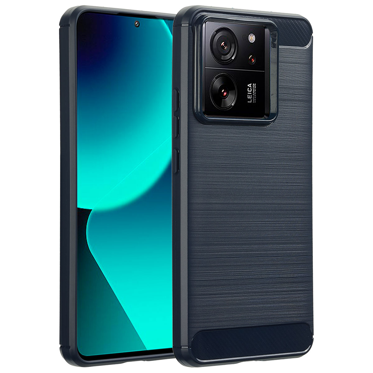 Une coque de téléphone bleu foncé avec un téléphone à l'intérieur. La coque a un dos texturé et des caméras doubles.