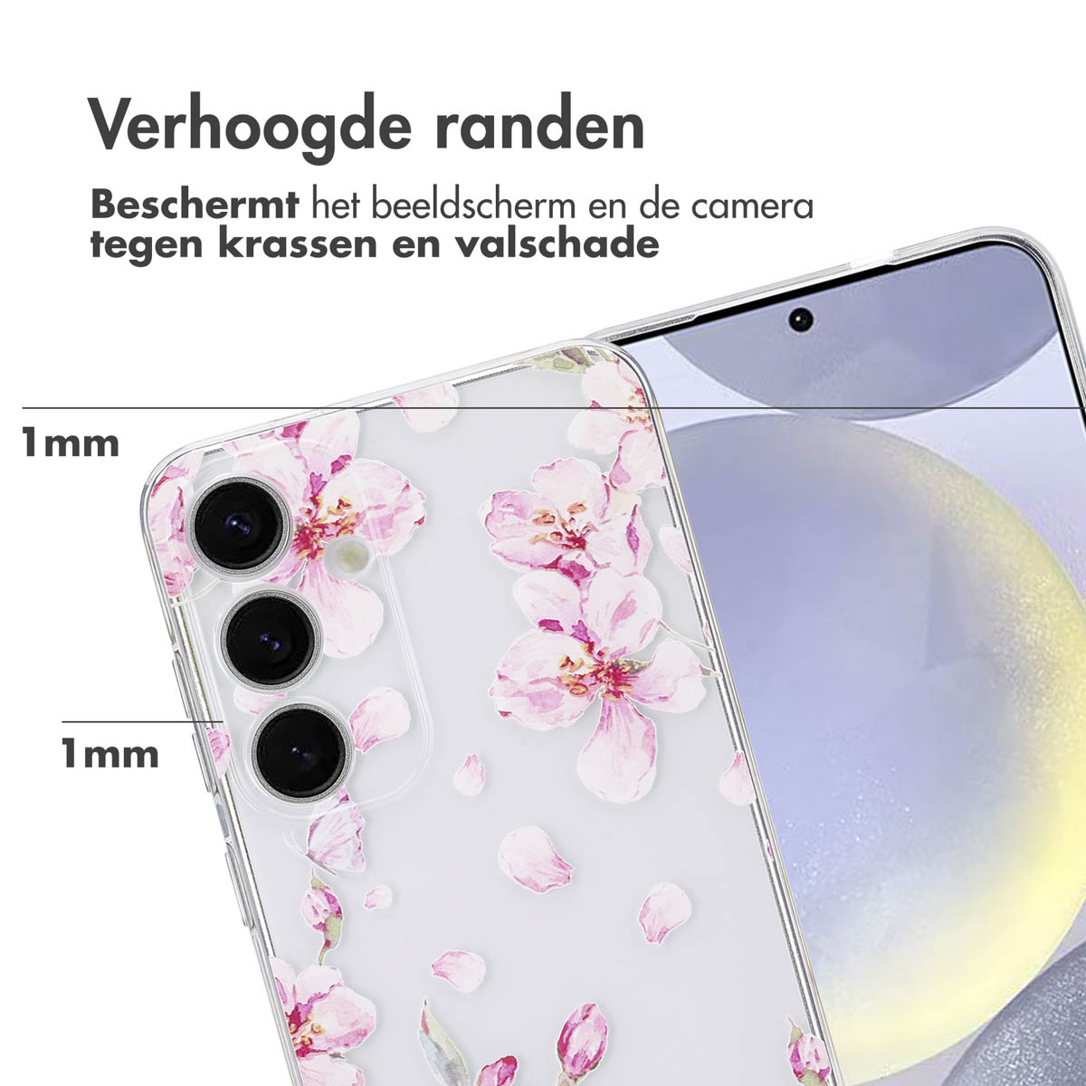 Coque transparente avec motif floral rose. L'écran affiche les fonctionnalités du téléphone.