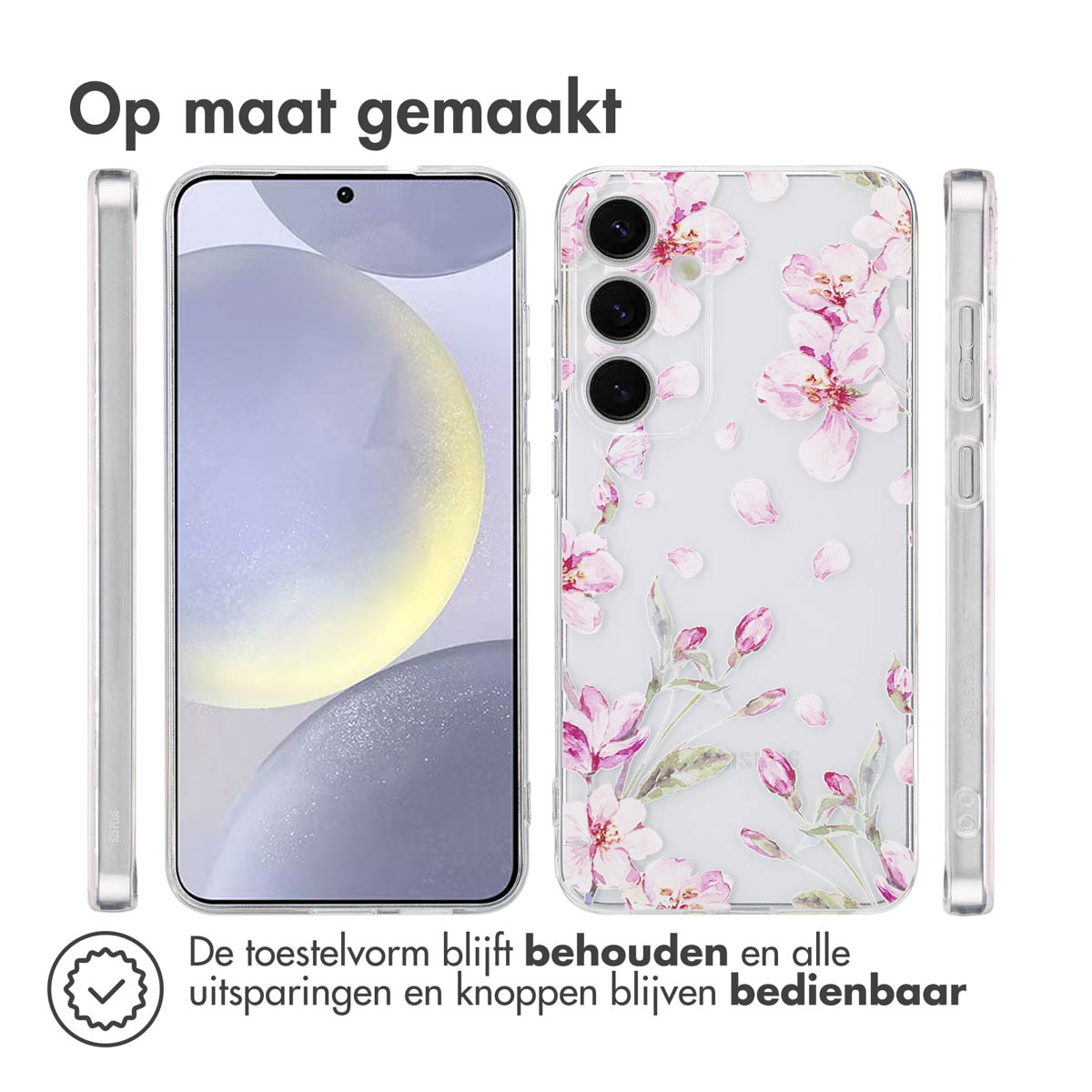 Coque transparente avec motif floral rose. Le téléphone est visible à l'intérieur. Vues latérales de la coque.